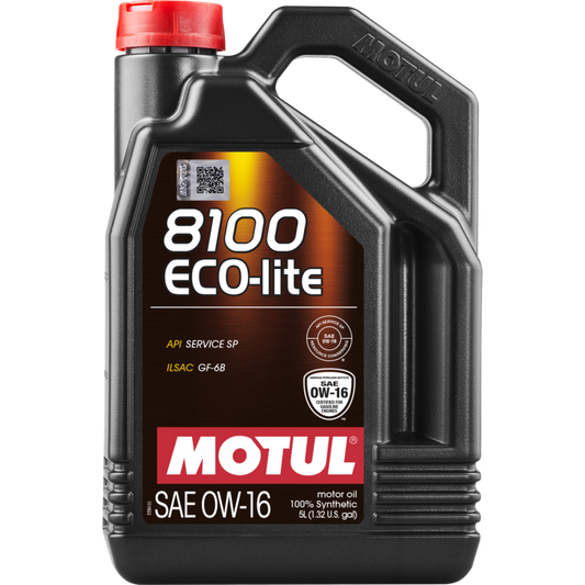Motul 5L Synthetic Engine Oil 8100 X-Clean 0W16, motor oil container with black cap and label, for vehicle engine lubrication