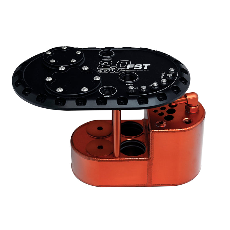 DeatschWerks 2.0L staged fuel cell surge tank with fuel pump fittings, designed for automotive fuel system upgrades.
