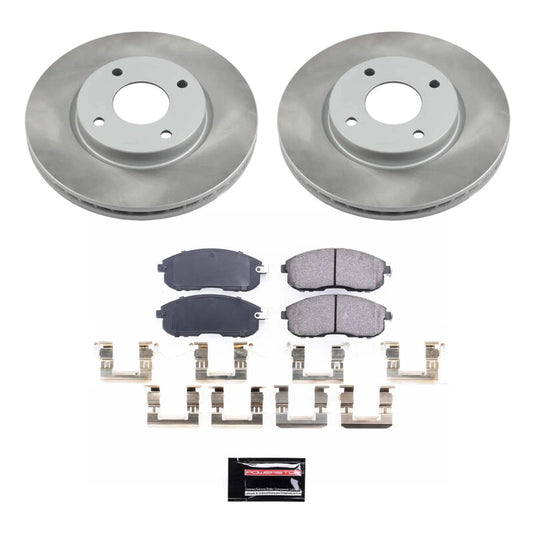 PowerStop front semi-coated rotor kit for 2007-2012 Nissan Versa, performance brake kit with blank rotors and hardware.