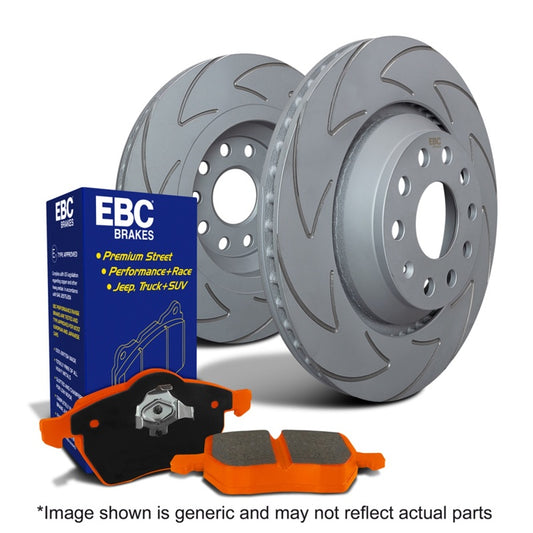 EBC S7 brake pad and slotted rotor kit showing metallic rotors with slotted design and brake pads for vehicle braking system