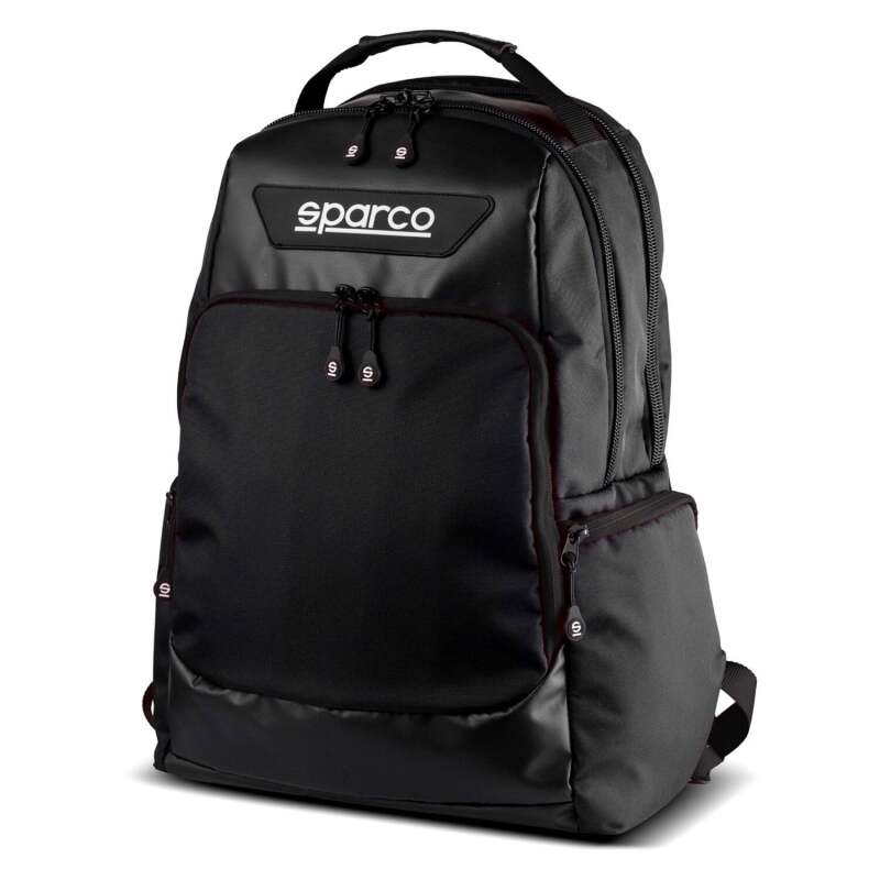 Black and blue Sparco Super Stage backpack with multiple compartments and adjustable straps, designed for sporty and casual use.