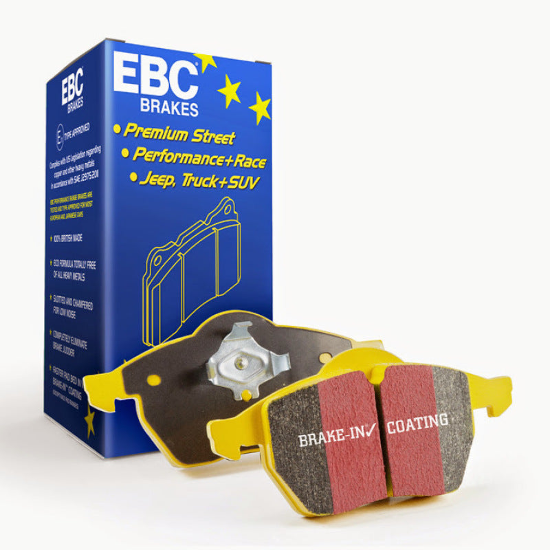 EBC Yellowstuff rear brake pads for Porsche Boxster 04-08 2.7, performance brake pads with cast iron rotors, shown installed.
