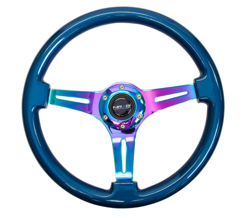 NRG Classic wood grain steering wheel with blue pearl flake paint and neochrome 3-spoke center, 350mm diameter, car accessories.
