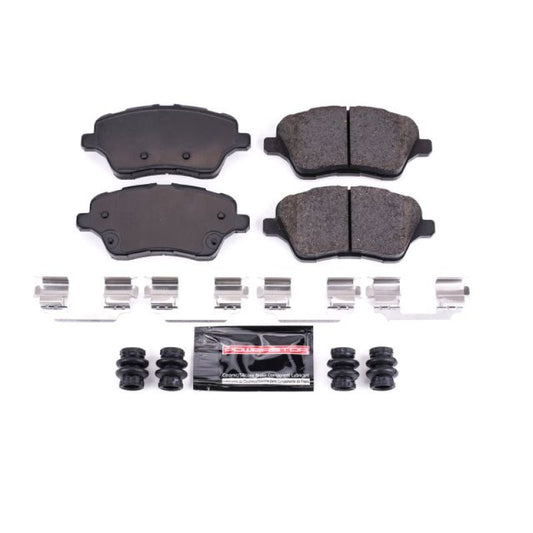 PowerStop 14-19 Ford Fiesta front Z23 Evolution sport brake pads with hardware installed, performance brake components.