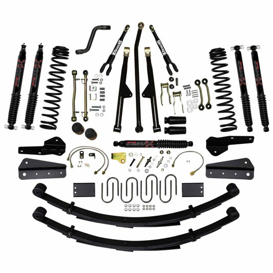 Skyjacker 8-inch RR2 lift kit for Jeep Cherokee XJ 84-01XJ with four black max lift components, showing parts and installation details.
