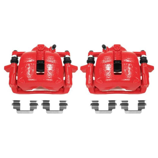 PowerStop front red brake calipers with brackets for Mini Cooper, performance upgrade, pair shown in the image.