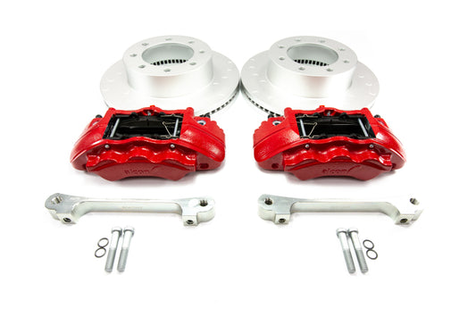 Alcon 6-piston front brake kit with 17-22 Ford F250-F350 363x38mm rotors for Big Brake Kits, showcasing polished brake components.