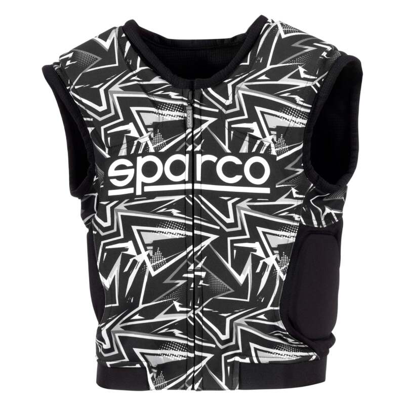 Black and white Sparco SJ Pro K-3 140 textile jacket with padded vest design, featuring brand logo and sporty style.