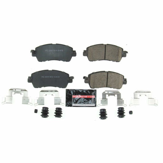 PowerStop Z23 Evolution sport brake pads with hardware for 2016 Scion iA, performance front brake pads showing new brake components.