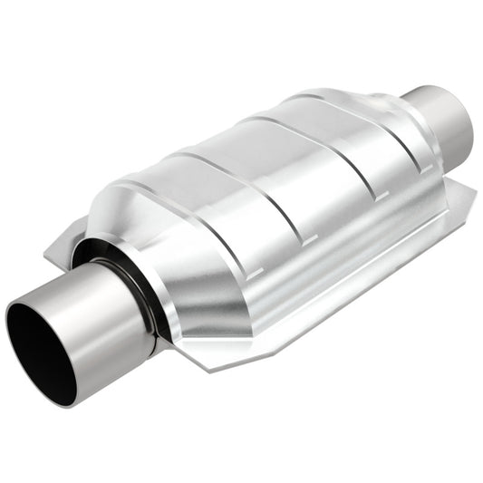 MagnaFlow universal catalytic converter with 2-inch inlet and T2 rear design for vehicle exhaust systems.