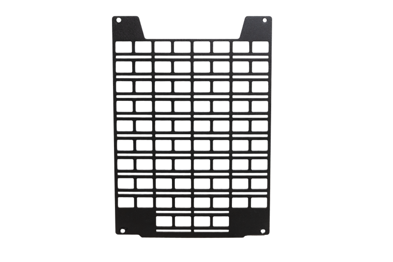 Black Gen-Y Hitch Ford F250/F350 Defender center Molle panel mounted on headache rack, exterior trim for truck bed organization.