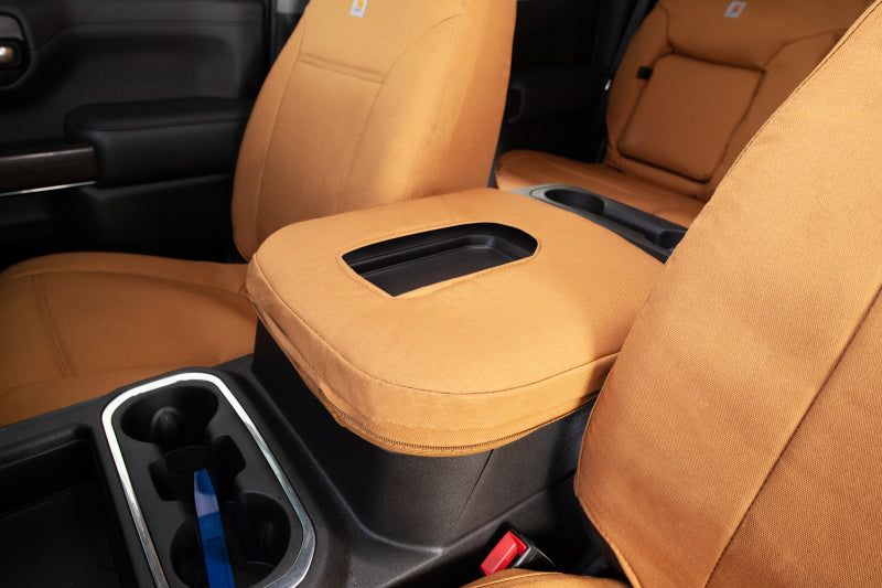 Covercraft Carhartt PrecisionFit second row seat covers for Toyota Grand Highlander in durable fabric, shown fitted on vehicle seats.