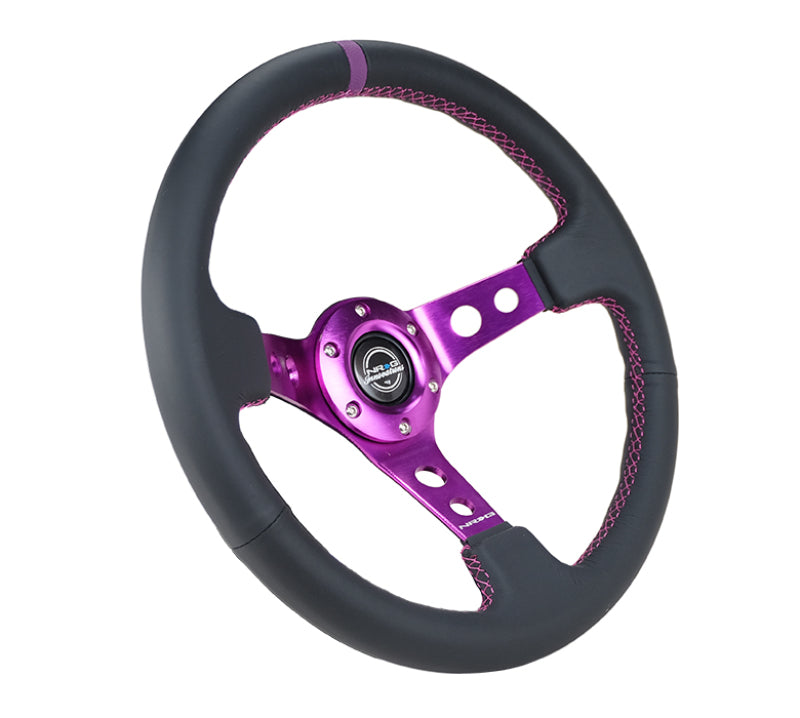 NRG black leather reinforced steering wheel, 350mm diameter with purple center and purple stitching for sporty car interior.