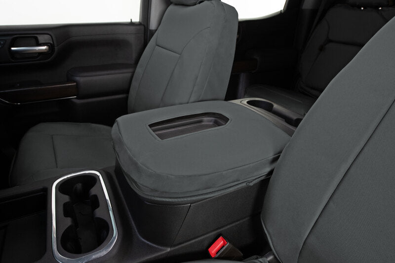 Covercraft Endura PrecisionFit second row seat covers for Ford Expedition 2021-2024 in charcoal, made of durable, custom-fitted fabric.