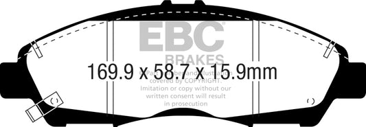 EBC 2016+ Cadillac XT5 Ultimax2 front brake pads, OE type, showing the metal backing and friction material for vehicle braking