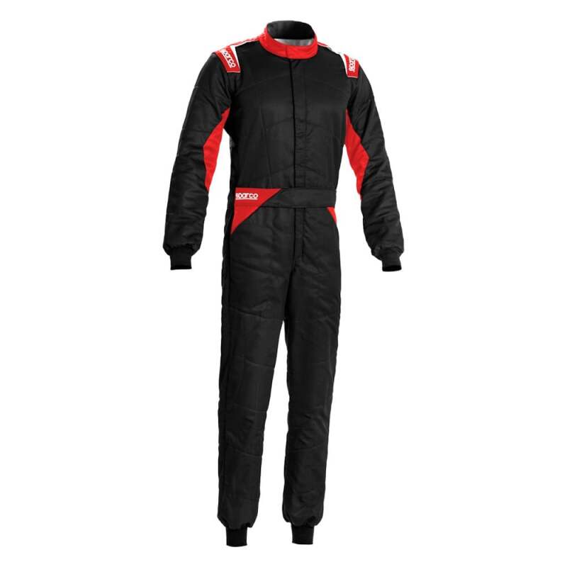 Black and red Sparco Sprint 54 racing suit with racing helmet, made for motorsports, featuring bold design and sponsor patches.