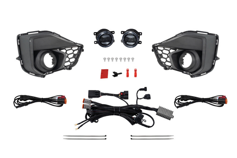 Diode Dynamics 2024 Ford Mustang GT Elite Series white fog lamp kit with LED light bars and cubes, close-up view of installed fog lamps.