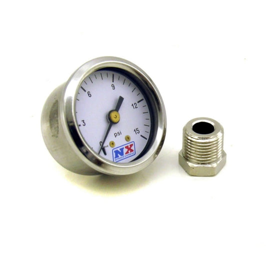 Nitrous Express pressure gauge showing 0-15 PSI with attached adaptor for precise nitrous system monitoring.
