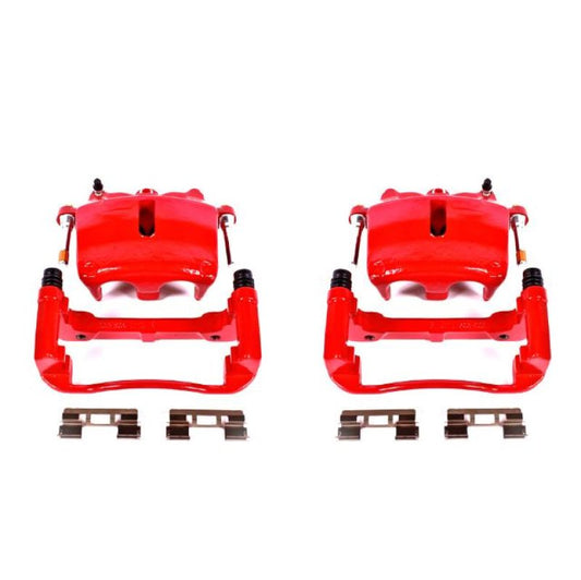 Pair of PowerStop red front brake calipers with brackets for Ford F-150 (2005-2008) pickup truck, showing the caliper bodies and mounting hardware.
