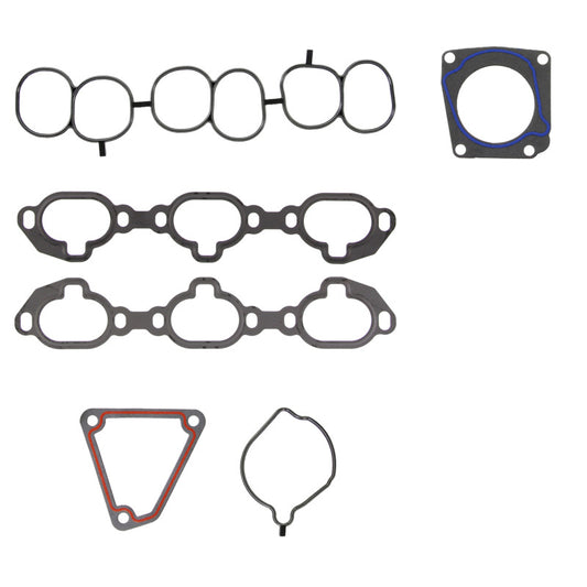 Fel-Pro Nissan Maxima engine intake manifold gasket set installed on a vehicle engine, showing the gasket details.