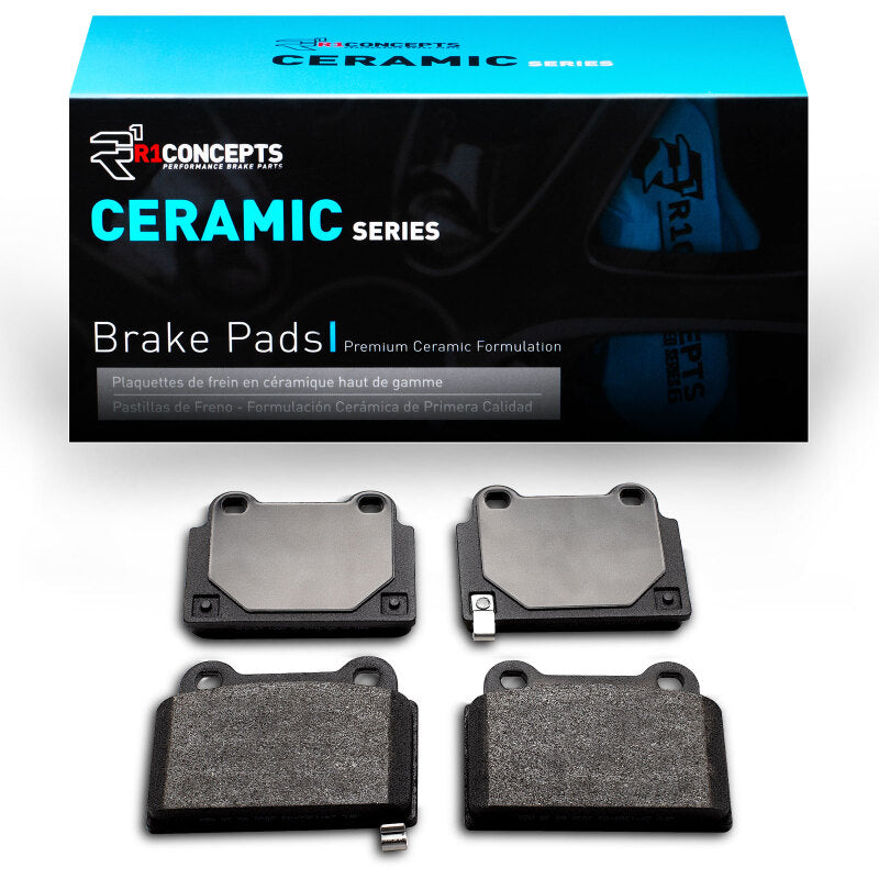 R1 Concepts ceramic brake pads for Mitsubishi Lancer 2008-2015 rear, OE style, shown in a close-up image.