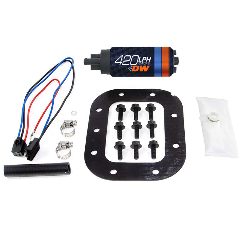 DeatschWerks DW420 Series 420lph in-tank fuel pump with install kit for Corvette 86-89 5.7L, shown with pump and components.