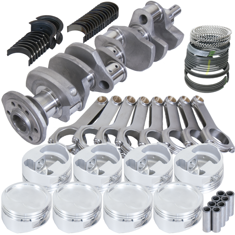 Eagle Chevrolet 350 2-Piece Rear Seal and .060 bore 4340 steel rotating assembly kit, shown with engine components.