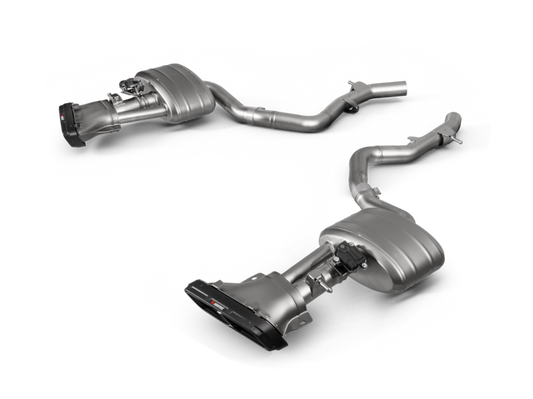 Akrapovic titanium muffler for Mercedes Benz CLE 53 4MATIC Cabriolet, showing the sleek slip-on exhaust design.