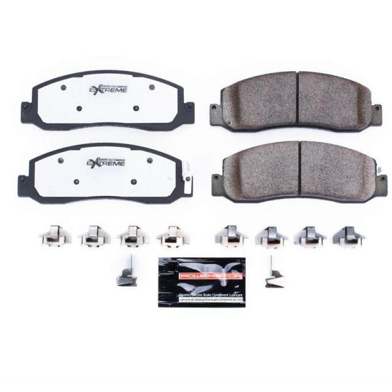 PowerStop Z36 front brake pads for Ford F-250 Super Duty trucks, showing the performance brake pads and hardware.