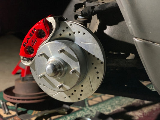 Baer Brakes 64-72 GM Chevelle, Cutlass, Skylark front brake kit with red performance brake calipers and 11-inch rotors.
