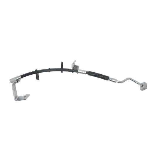 DFC Ford Mustang front-left brake hose from brake line kit showing the flexible rubber brake line with fittings