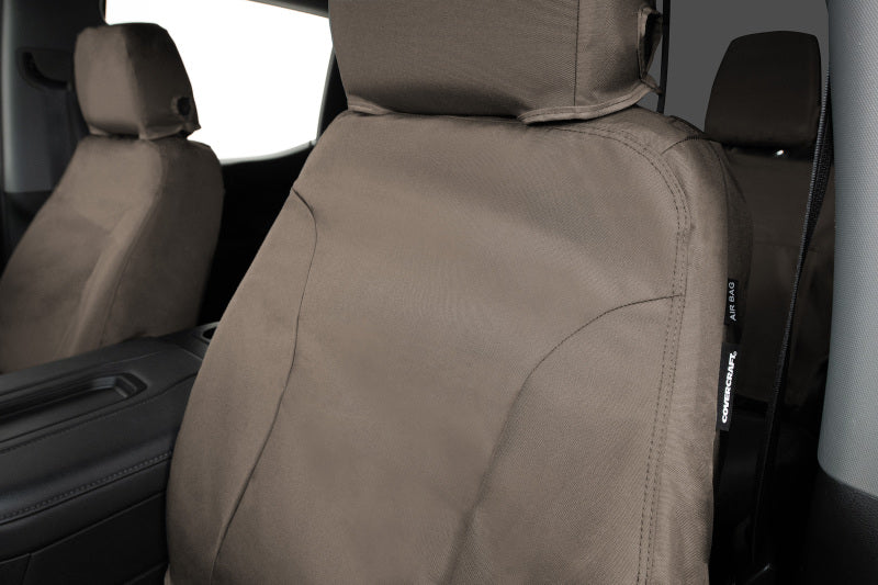 Covercraft waterproof taupe front row seat covers for Mercedes-Benz Sprinter 19-26, custom-fit and durable.