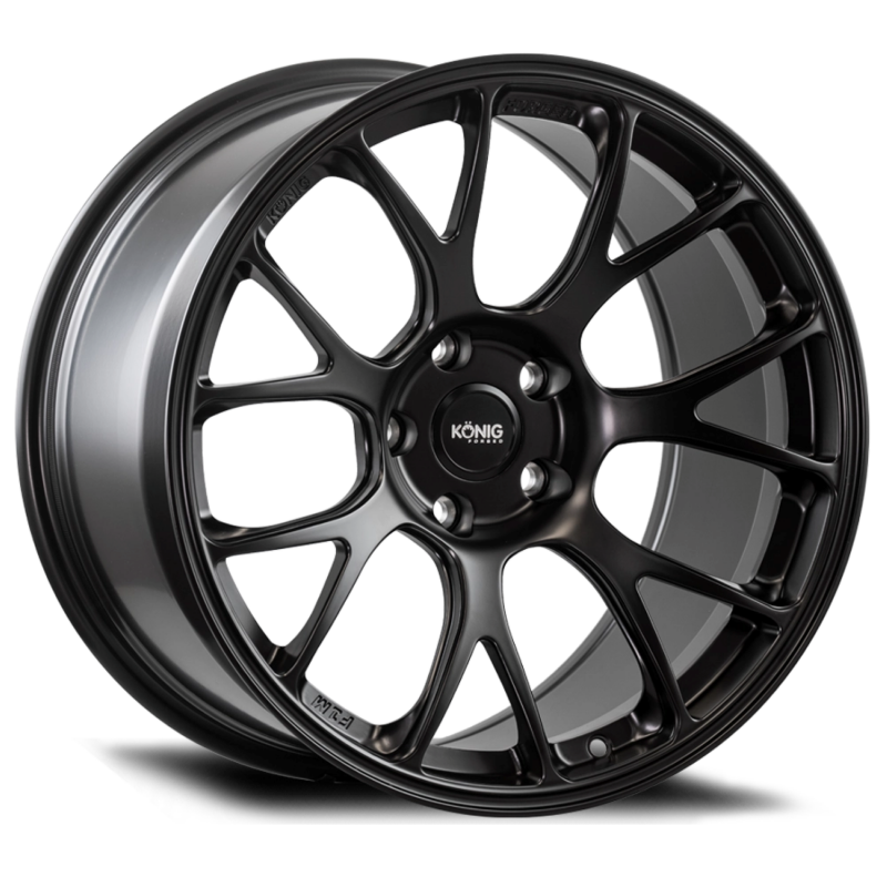 Konig Forged F1M 17x9 satin black car wheel with 4x100 bolt pattern and ET45 offset featuring knurled bead design.