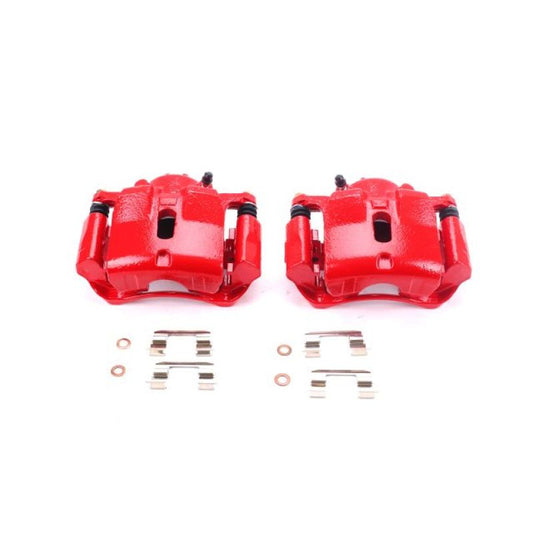Pair of PowerStop red front brake calipers with brackets for 2003-2008 Honda Pilot, performance disc brake components