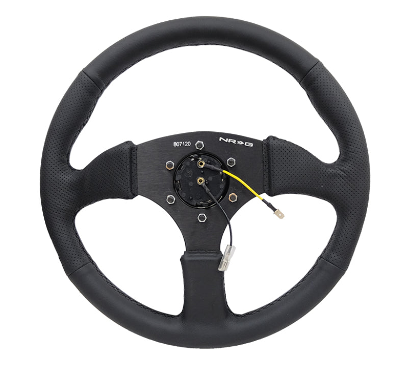 NRG reinforced black leather steering wheel with 350mm diameter, deep grip, and matte black spokes for enhanced driving control.