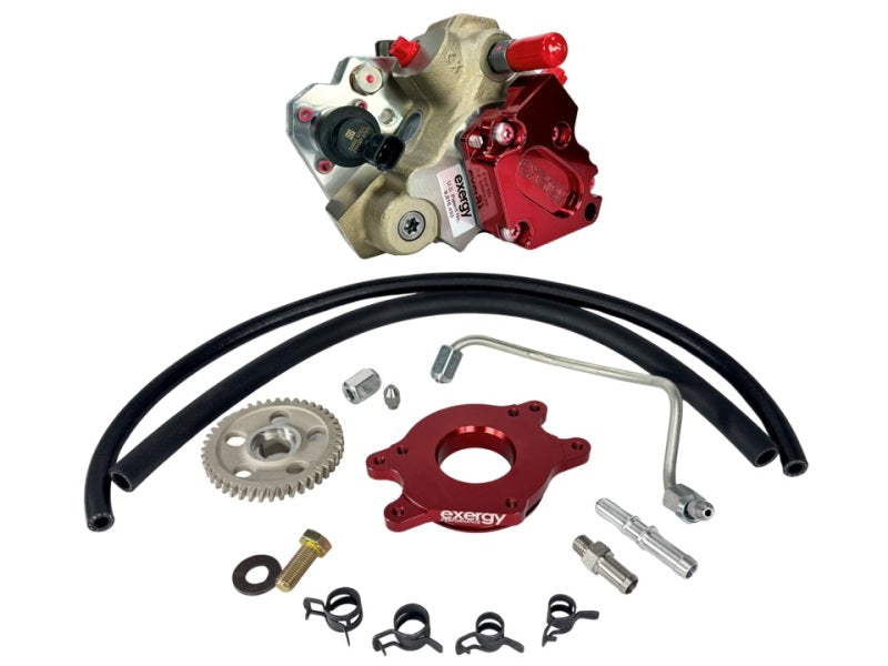 Exergy Duramax L5P 2017+ Alpha CP3 Conversion Kit for injection pumps and controllers, featuring detailed components and setup.