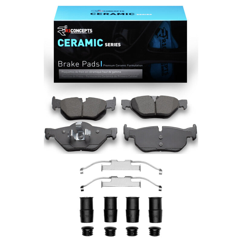 BMW 328i rear brake pads and hardware kit by R1 Concepts, ceramic OE brake pads with hardware for 2006-2015 model.