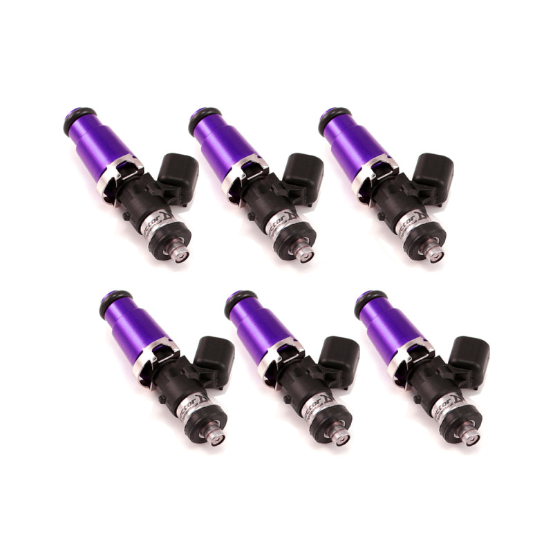 Set of six Injector Dynamics 1750-XDS fuel injectors with 60mm length and purple top for Denso lower cushion, 6-cylinder engine.
