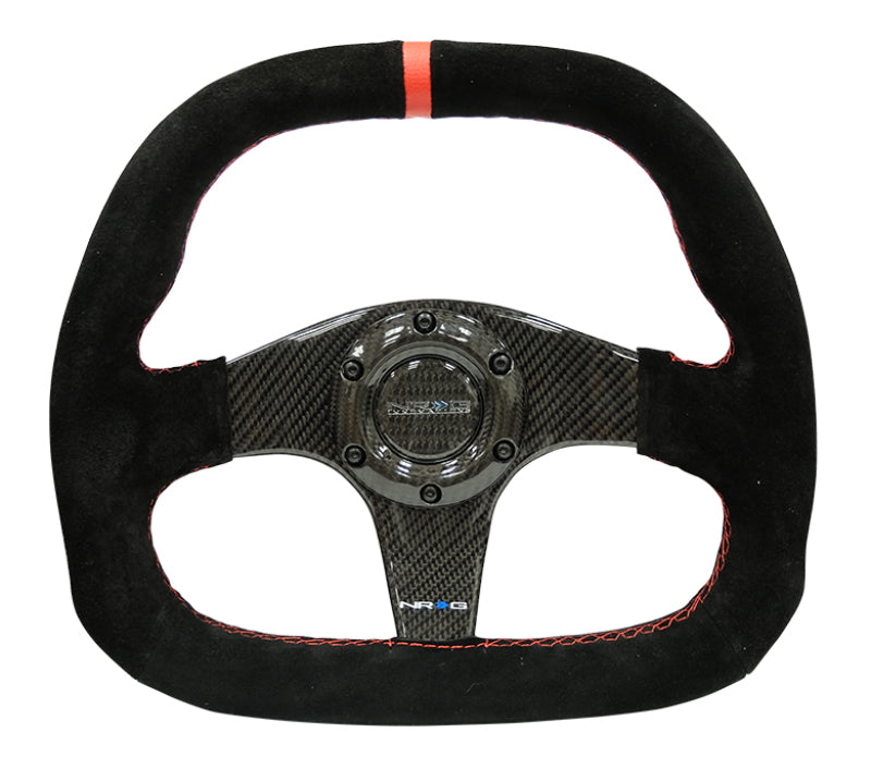 NRG carbon fiber steering wheel with black suede grip, red stitching, CF spokes, and red center mark, 320mm flat bottom design.