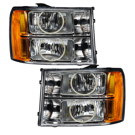 Oracle Lighting blue LED halo headlights for 2007-2013 GMC Sierra, pre-assembled, with bright circular halo rings and clear lens.