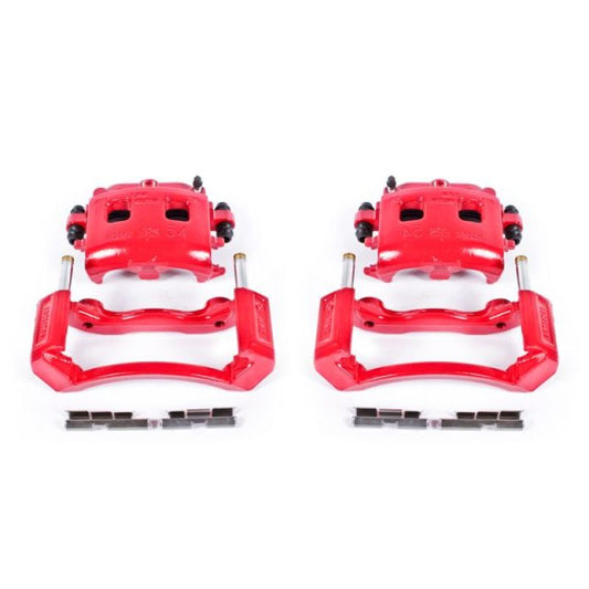 Pair of PowerStop front red brake calipers with brackets for Dodge Ram 1500 2002-2005, performance brake calipers for trucks.