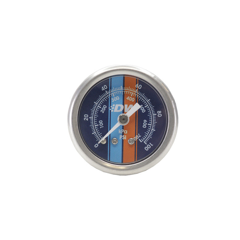 DeatschWerks mechanical fuel pressure gauge with blue face, 0-100 PSI, 1/8in NPT fitting, brushed housing for automotive use