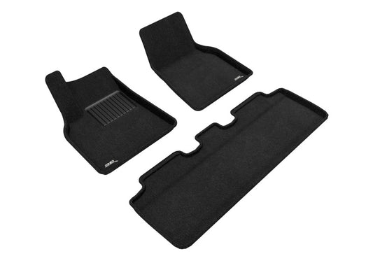 3D MAXpider black rubber floor mats for Tesla Model Y 2021-2022, first and second row, with a textured surface for durability.
