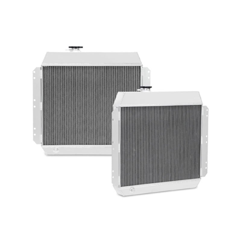 Mishimoto aluminum radiator for Chevrolet Bel-Air 1950-1954, X-Line design, with cooling fins and inlet and outlet hoses visible.