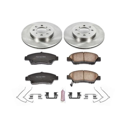 PowerStop OE front brake kit for 2009-2014 Honda Fit, including brake rotors and pads, shown in the image.