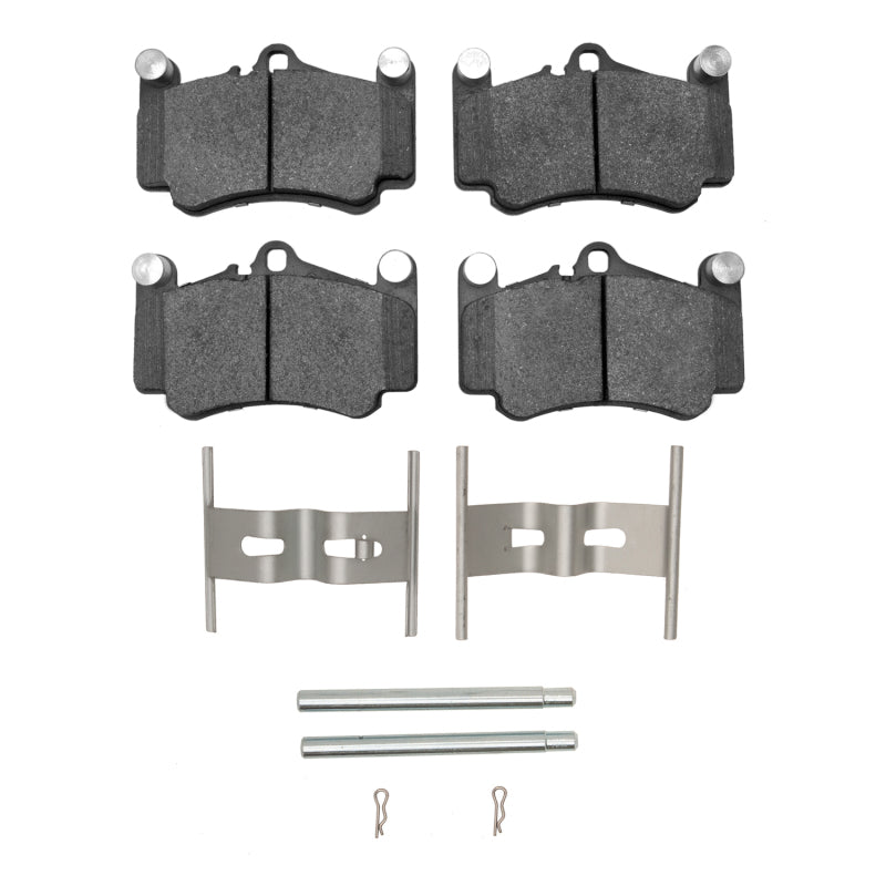R1 Concepts Porsche 911 front performance sport brake pads and hardware kit, showing black brake pads with mounting hardware.