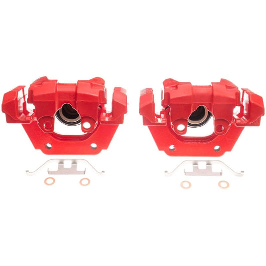 Pair of PowerStop red rear brake calipers for BMW 550i GT (2010-2015), performance disc brake calipers.