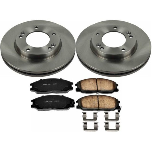 PowerStop OE front brake kit for 2007-2009 Kia Sorento showing brake rotors and pads in a vehicle suspension setting.