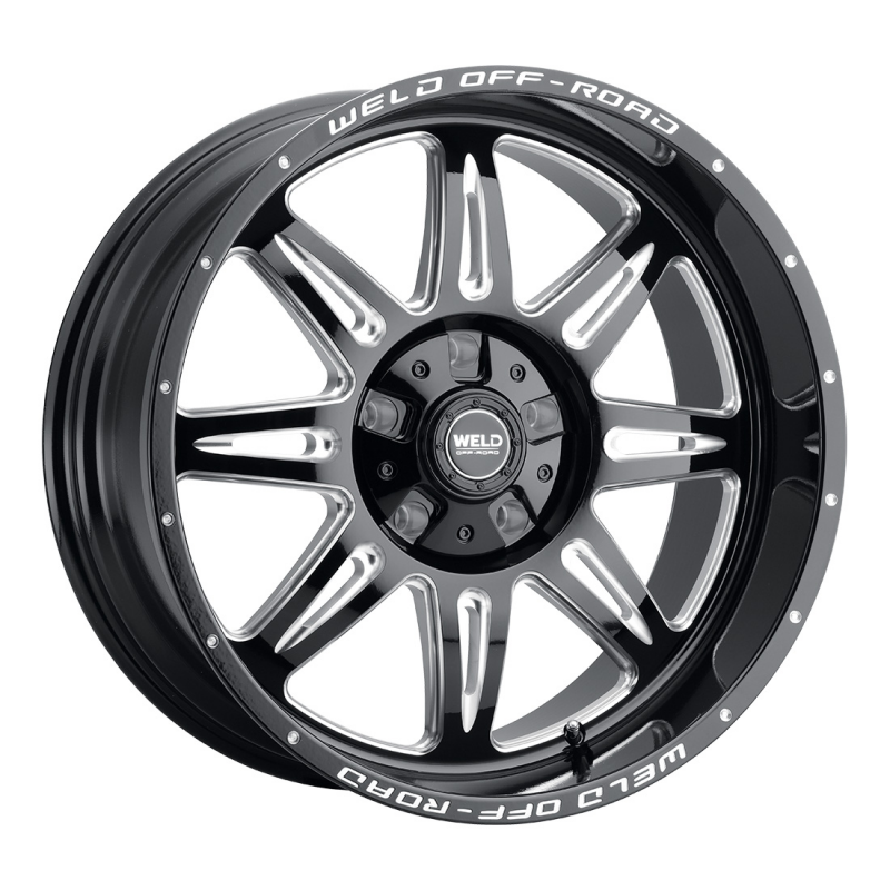 Weld Cheyenne 20x10 forged wheel with gloss black milled finish, 5x127 bolt pattern, 4.75 backspacing, and 87.1 hub bore.