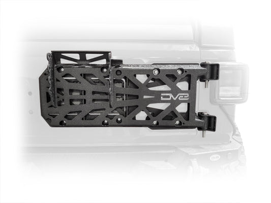 DV8 Offroad Jeep Wrangler tire carrier chase rack mounted on 2018+ model, rugged off-road accessory with durable metal construction
